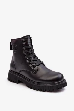 Damskie Big Star Shoes Botki Skórzane Sznurowane Czarne Big Star MM274375