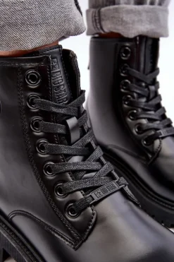 Damskie Big Star Shoes Botki Skórzane Sznurowane Czarne Big Star MM274375