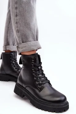 Damskie Big Star Shoes Botki Skórzane Sznurowane Czarne Big Star MM274375