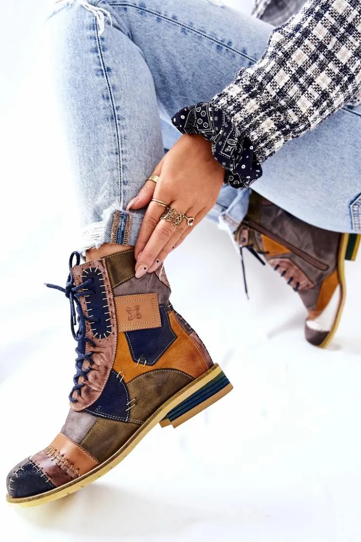 Maciejka Botki Skórzane Sztyblety Wielokolorowe 05095-39