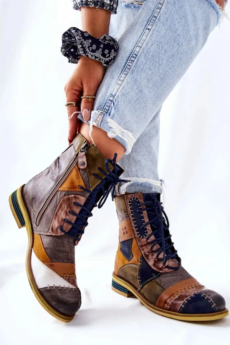 Maciejka Botki Skórzane Sztyblety Wielokolorowe 05095-39