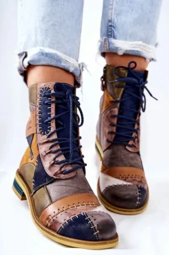 Maciejka Botki Skórzane Sztyblety Wielokolorowe 05095-39