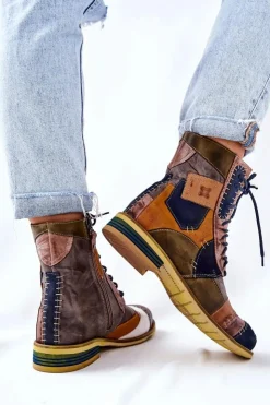 Maciejka Botki Skórzane Sztyblety Wielokolorowe 05095-39