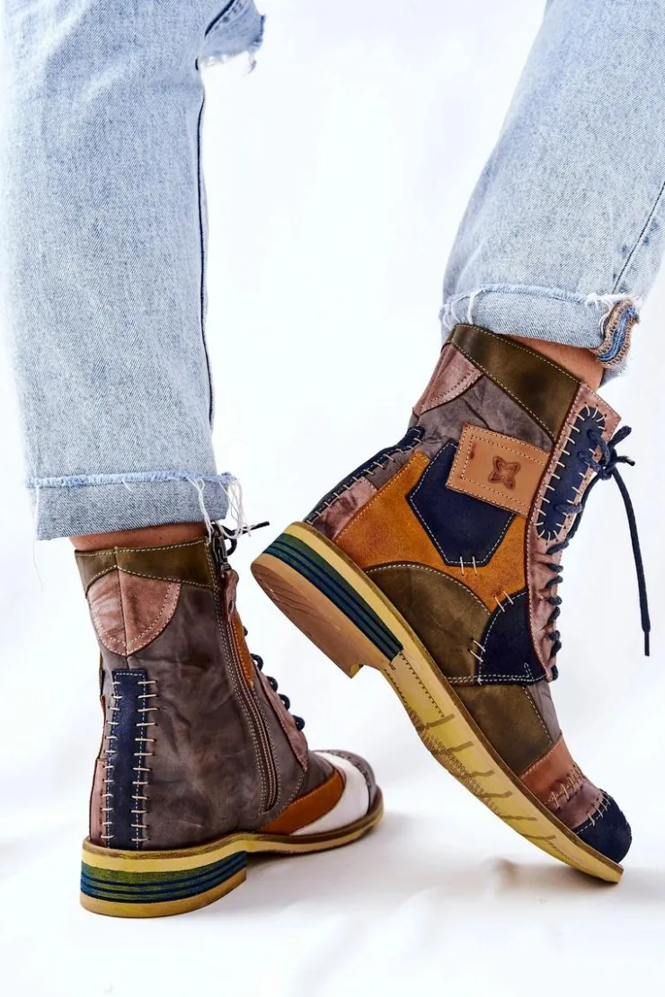 Maciejka Botki Skórzane Sztyblety Wielokolorowe 05095-39