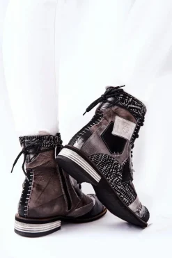 Damskie Maciejka Botki Skórzane Sztyblety Szare 05095-03