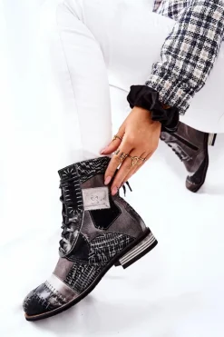 Damskie Maciejka Botki Skórzane Sztyblety Szare 05095-03