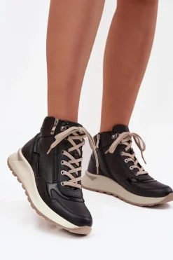 Damskie Zazoo Botki Sportowe Damskie Na Platformie Z Naturalnej Skóry Z1239 Czarne