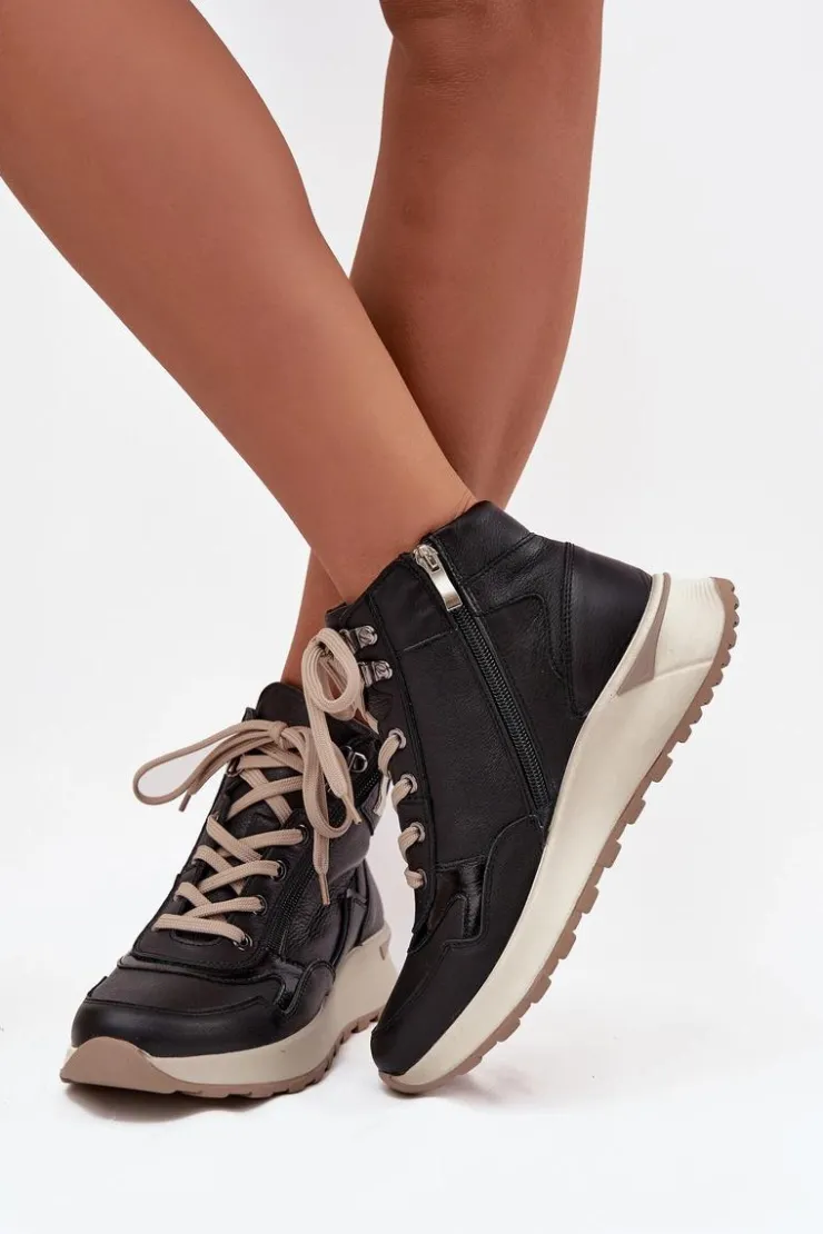 Damskie Zazoo Botki Sportowe Damskie Na Platformie Z Naturalnej Skóry Z1239 Czarne