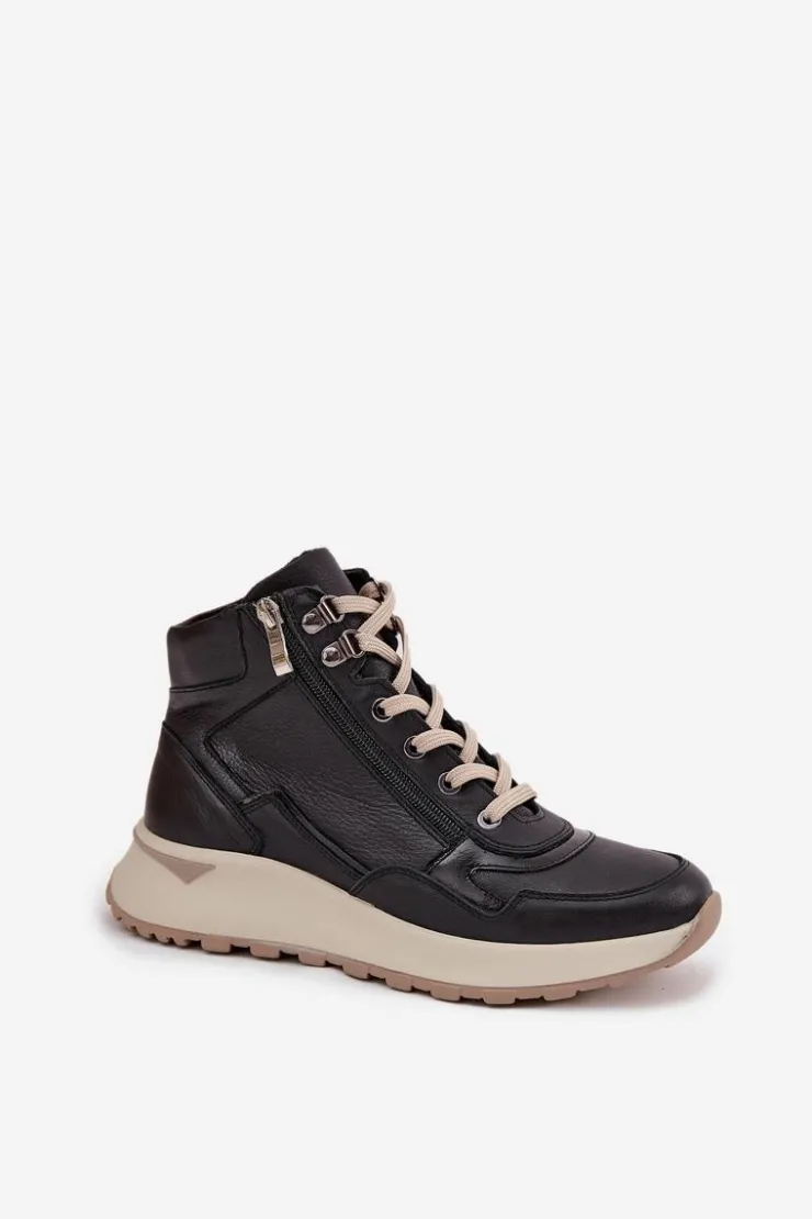 Damskie Zazoo Botki Sportowe Damskie Na Platformie Z Naturalnej Skóry Z1239 Czarne