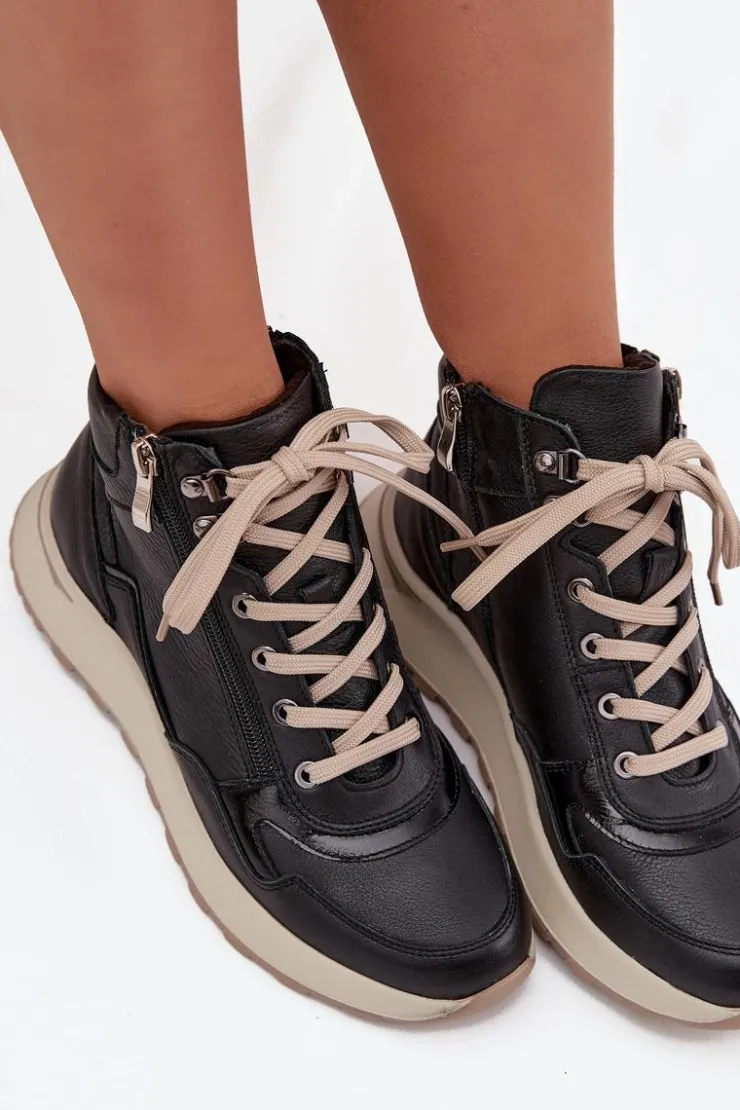 Damskie Zazoo Botki Sportowe Damskie Na Platformie Z Naturalnej Skóry Z1239 Czarne