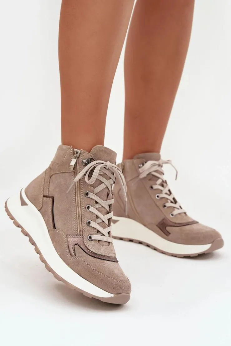 Zazoo Buty Sportowe Na Platformie|Sneakersy Damskie*Botki Sportowe Damskie Na Platformie Z Naturalnego Zamszu Z1239 Beżowe Beżowy