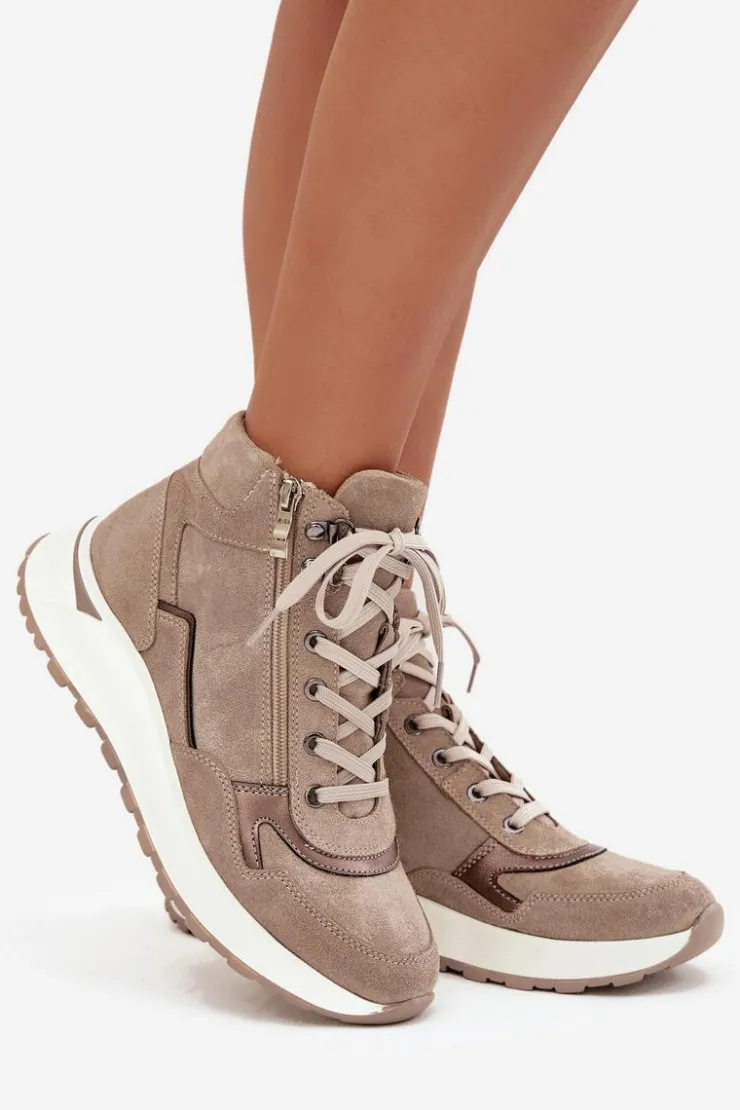 Zazoo Buty Sportowe Na Platformie|Sneakersy Damskie*Botki Sportowe Damskie Na Platformie Z Naturalnego Zamszu Z1239 Beżowe Beżowy