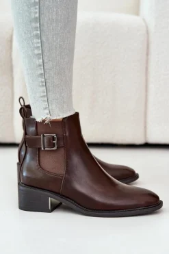 Boto Botki Na Słupku|Botki Zimowe Damskie*Botki Sztyblety Damskie Na Niskim Obcasie Ze Złotą Klamrą Brązowe Vomera