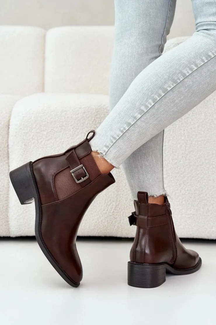 Boto Botki Na Słupku|Botki Zimowe Damskie*Botki Sztyblety Damskie Na Niskim Obcasie Ze Złotą Klamrą Brązowe Vomera