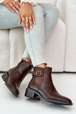 Boto Botki Na Słupku|Botki Zimowe Damskie*Botki Sztyblety Damskie Na Niskim Obcasie Ze Złotą Klamrą Brązowe Vomera