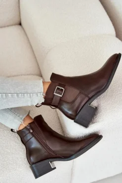 Boto Botki Na Słupku|Botki Zimowe Damskie*Botki Sztyblety Damskie Na Niskim Obcasie Ze Złotą Klamrą Brązowe Vomera