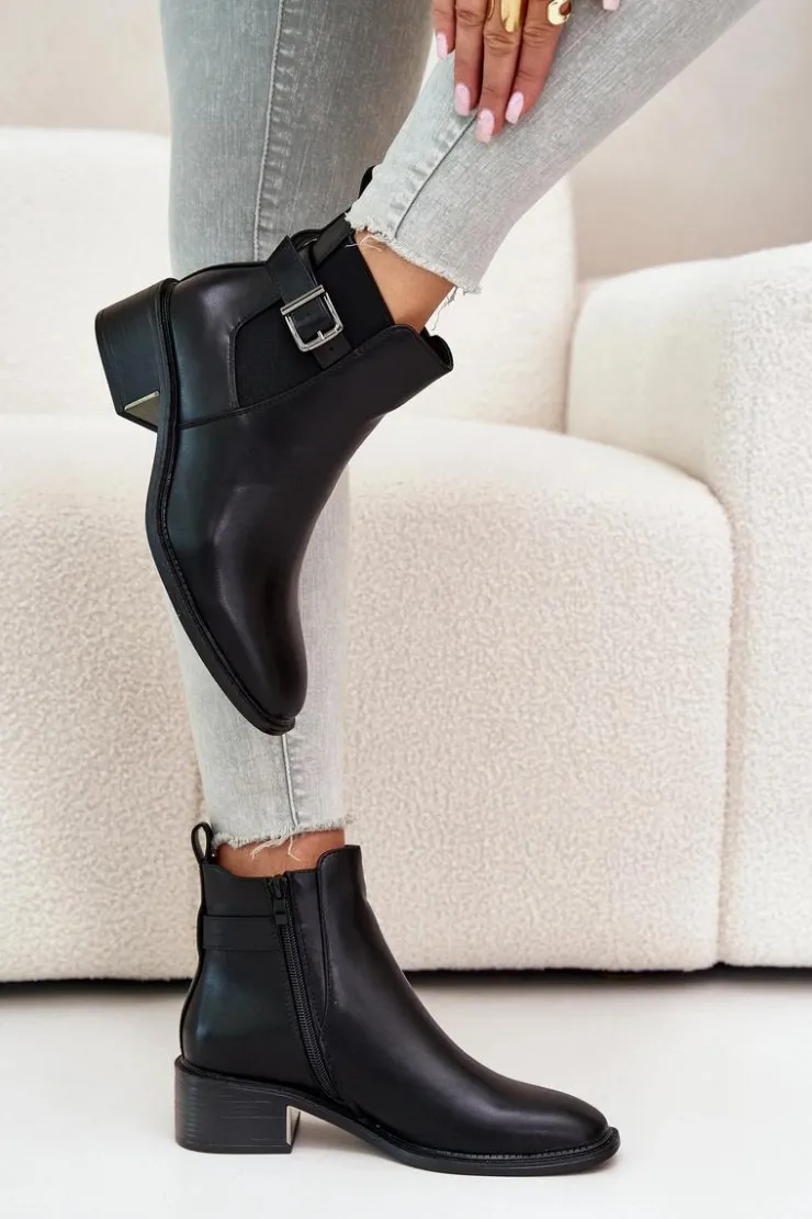 Boto Botki Na Słupku|Botki Zimowe Damskie*Botki Sztyblety Damskie Na Niskim Obcasie Ze Złotą Klamrą Czarne Vomera