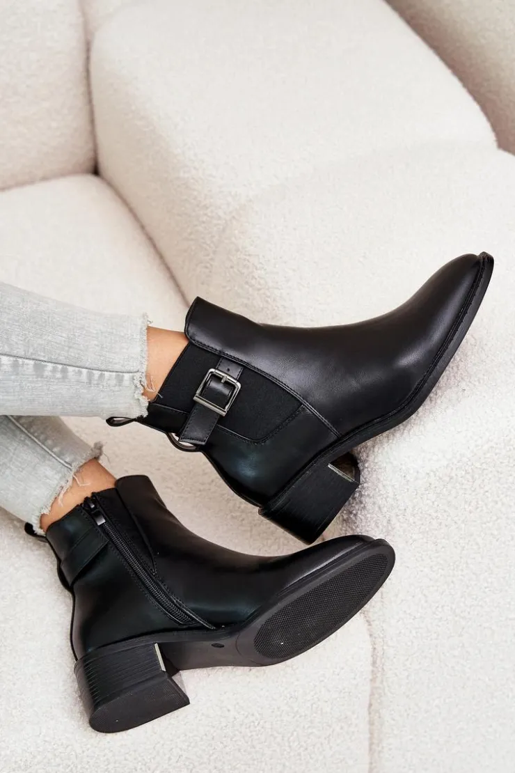 Boto Botki Na Słupku|Botki Zimowe Damskie*Botki Sztyblety Damskie Na Niskim Obcasie Ze Złotą Klamrą Czarne Vomera