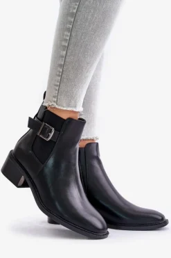 Boto Botki Na Słupku|Botki Zimowe Damskie*Botki Sztyblety Damskie Na Niskim Obcasie Ze Złotą Klamrą Czarne Vomera