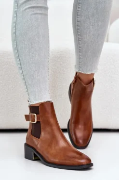 Damskie Boto Botki Sztyblety Damskie Na Niskim Obcasie Ze Złotą Klamrą Camel Vomera