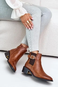 Damskie Boto Botki Sztyblety Damskie Na Niskim Obcasie Ze Złotą Klamrą Camel Vomera