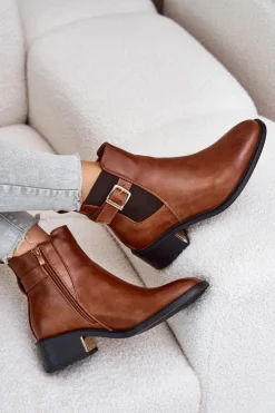 Damskie Boto Botki Sztyblety Damskie Na Niskim Obcasie Ze Złotą Klamrą Camel Vomera