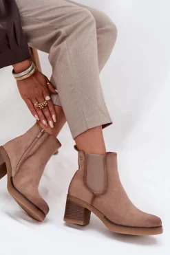 Damskie Boto Botki Sztyblety Damskie Na Obcasie Ocieplane Beżowe Zelia