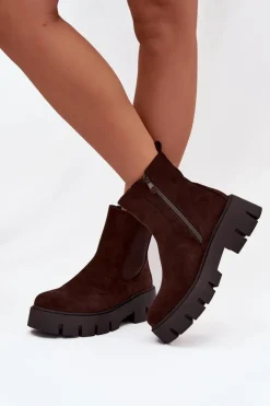 Boto Botki Ocieplane|Botki Płaskie*Botki Sztyblety Damskie Ocieplane Na Zamek Eko Zamszowe Czekoladowe Fivienne