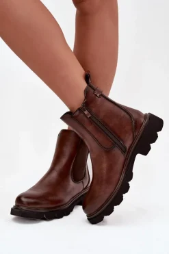 Damskie Boto Botki Sztyblety Damskie Ocieplane Na Zamek Brązowe Rivelia