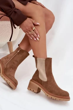 Clearance Boto Botki Sztyblety Damskie Ocieplane Na Klocku Ciemnobeżowe Zoralia Brązowy