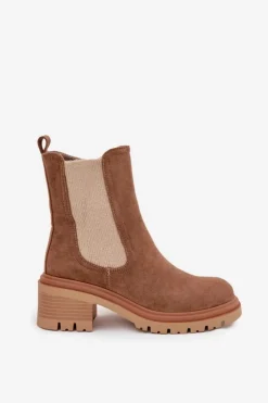 Clearance Boto Botki Sztyblety Damskie Ocieplane Na Klocku Ciemnobeżowe Zoralia Brązowy