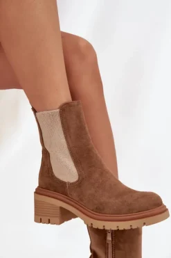 Clearance Boto Botki Sztyblety Damskie Ocieplane Na Klocku Ciemnobeżowe Zoralia Brązowy
