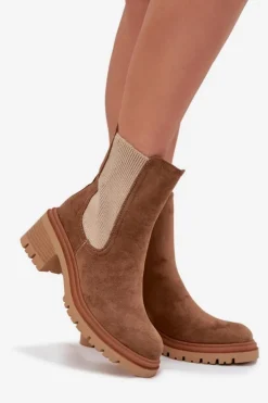 Clearance Boto Botki Sztyblety Damskie Ocieplane Na Klocku Ciemnobeżowe Zoralia Brązowy