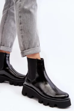 Discount Laura Messi Botki Sztyblety Damskie Skórzane Na Masywnej Podeszwie 2571 Czarne