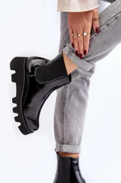 Discount Laura Messi Botki Sztyblety Damskie Skórzane Na Masywnej Podeszwie 2571 Czarne