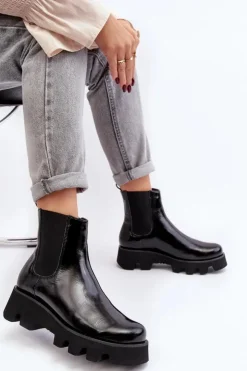 Discount Laura Messi Botki Sztyblety Damskie Skórzane Na Masywnej Podeszwie 2571 Czarne