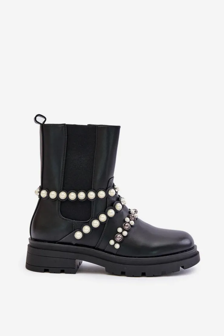 Boto Czarne Botki|Botki Płaskie*Botki Sztyblety Damskie Z Ozdobnymi Paskami Czarne Sintitia