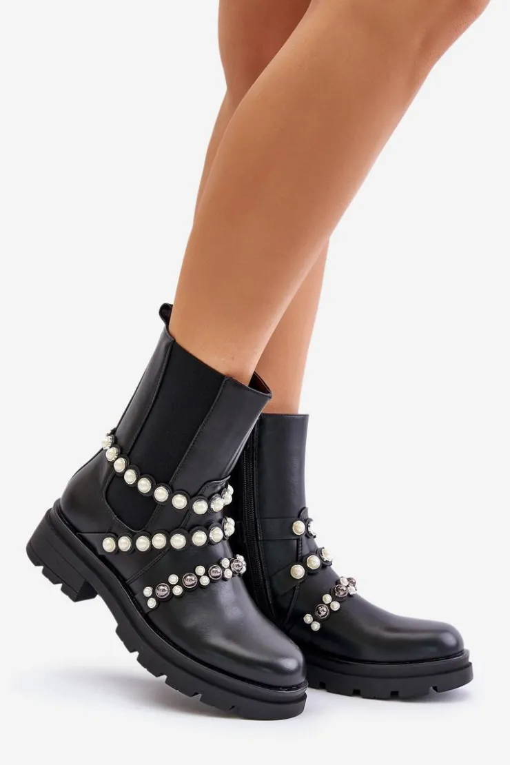 Boto Czarne Botki|Botki Płaskie*Botki Sztyblety Damskie Z Ozdobnymi Paskami Czarne Sintitia