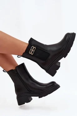 Clearance Boto Botki Sztyblety Damskie Ze Złotym Detalem Ocieplane Czarne Serene Czarny