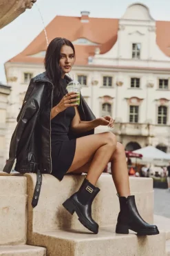 Clearance Boto Botki Sztyblety Damskie Ze Złotym Detalem Ocieplane Czarne Serene Czarny