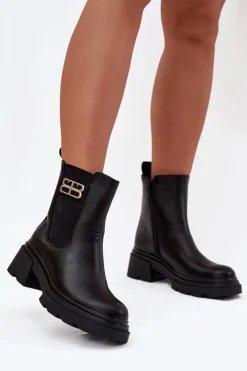 Clearance Boto Botki Sztyblety Damskie Ze Złotym Detalem Ocieplane Czarne Serene Czarny