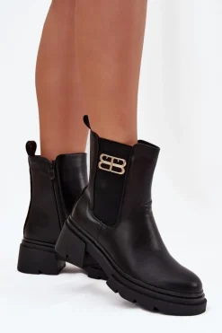 Clearance Boto Botki Sztyblety Damskie Ze Złotym Detalem Ocieplane Czarne Serene Czarny