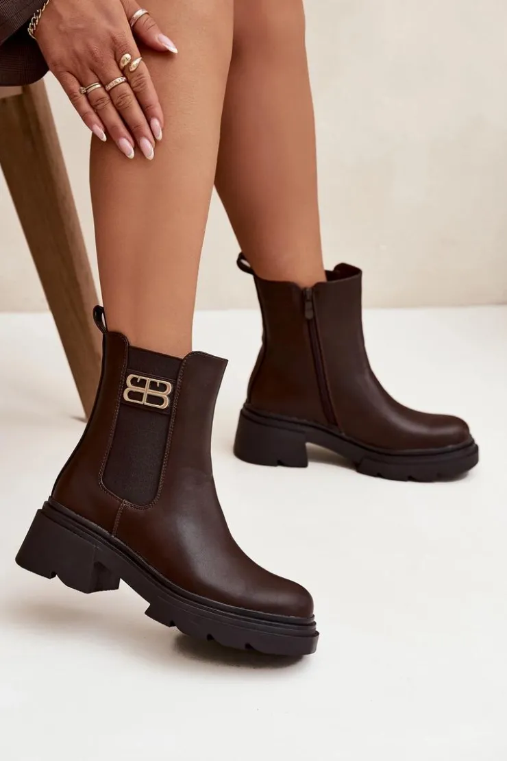 Boto Botki Ocieplane|Botki Na Obcasie*Botki Sztyblety Damskie Ze Złotym Detalem Ocieplane Brązowe Serene