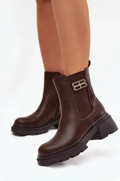 Boto Botki Ocieplane|Botki Na Obcasie*Botki Sztyblety Damskie Ze Złotym Detalem Ocieplane Brązowe Serene