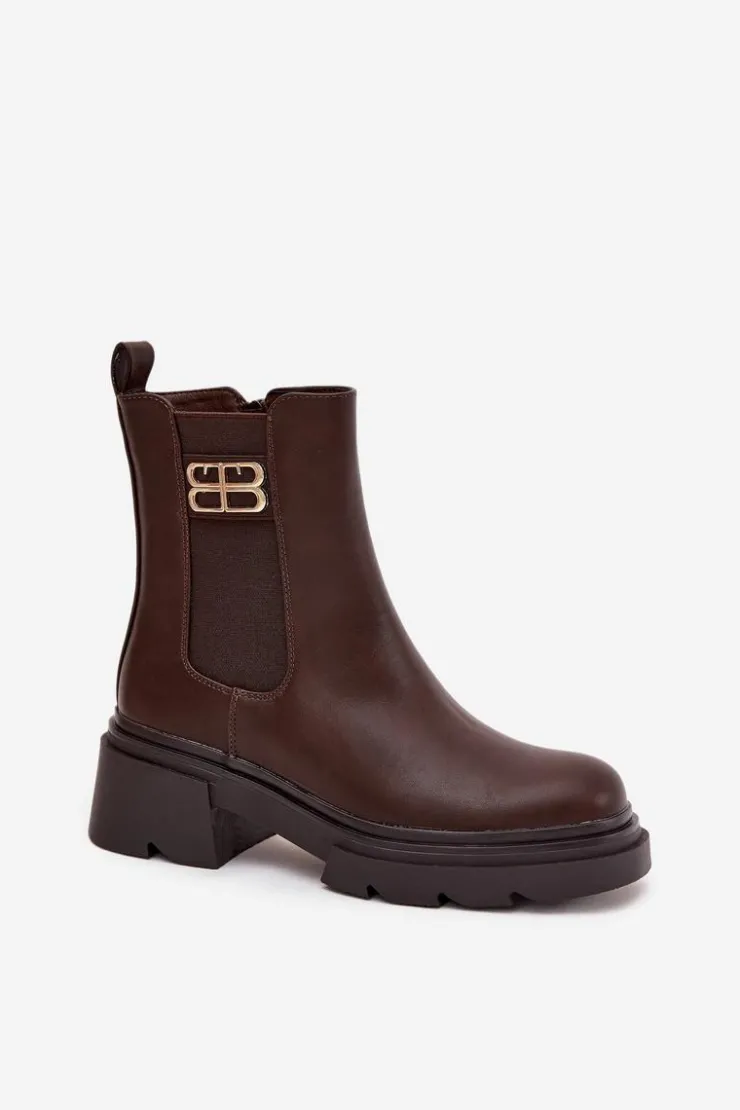 Boto Botki Ocieplane|Botki Na Obcasie*Botki Sztyblety Damskie Ze Złotym Detalem Ocieplane Brązowe Serene