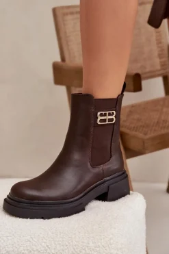 Boto Botki Ocieplane|Botki Na Obcasie*Botki Sztyblety Damskie Ze Złotym Detalem Ocieplane Brązowe Serene