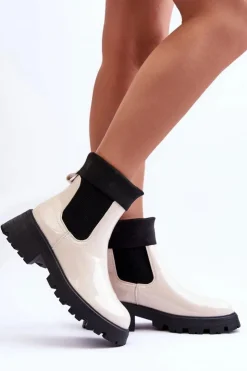 Damskie Boto Botki Sztyblety Lakierowane Damskie Beżowe Pavo