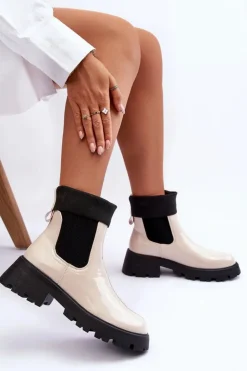 Damskie Boto Botki Sztyblety Lakierowane Damskie Beżowe Pavo