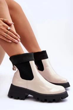 Damskie Boto Botki Sztyblety Lakierowane Damskie Beżowe Pavo