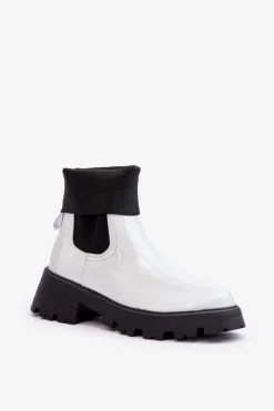 Damskie Boto Botki Sztyblety Lakierowane Damskie Białe Pavo